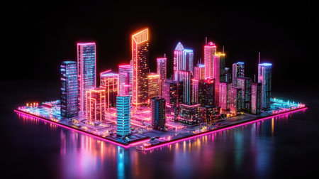 A stunning neon cityscape featuring vibrant glowing skyscrapers at night, highlighting a futuristic design that energizes the urban environment.の素材