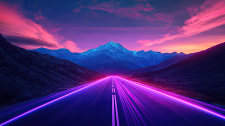 A stunning view of a futuristic road illuminated by neon light under a vibrant sky. This serene landscape features majestic mountains and a tranquil atmosphere, perfect for evoking a sense of adventure.の素材