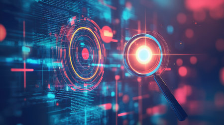 A vibrant digital interface featuring a magnifying glass that symbolizes data searching and analysis. The design combines modern technology elements with colorful lights and abstract patterns, creating a futuristic look.の素材