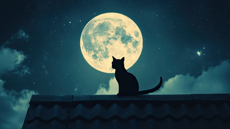 A serene silhouette of a cat sits on a rooftop, outlined against a luminous full moon in a starry night sky, creating a tranquil and magical atmosphere.の素材