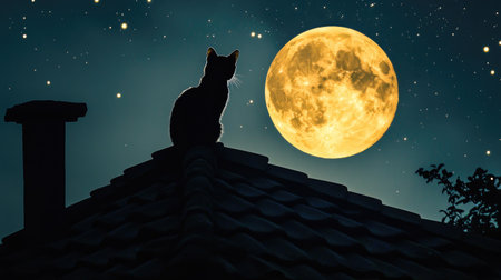 A serene silhouette of a cat sitting on a rooftop under a bright full moon amidst a starry sky, capturing the essence of a peaceful night.の素材