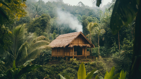 This image captures a rustic wooden cabin nestled in a lush green forest. Smoke gently rises, creating a serene atmosphere, perfect for a peaceful retreat surrounded by nature.の素材
