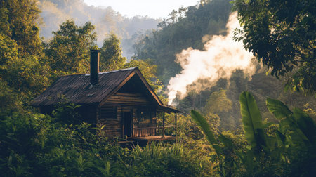 A charming wooden cabin nestled in a vibrant green forest. Wisps of smoke billow from the chimney, creating a serene atmosphere perfect for relaxation and escape into nature.の素材