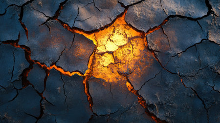 A striking image of cracked earth revealing a glowing orange light, showcasing a contrast of dark surface textures and vibrant illumination, perfect for abstract art or environmental themes.の素材