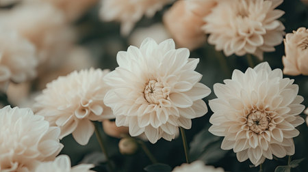 A close-up view of elegant cream dahlia blooms surrounded by lush green foliage, showcasing the delicate petals and soft colors, perfect for floral design.の素材