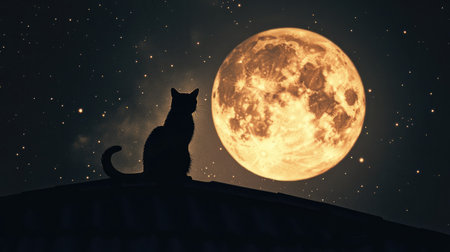A striking silhouette of a cat sits perched against a luminous full moon, creating a tranquil scene in the night sky, evoking feelings of serenity and mystery.の素材