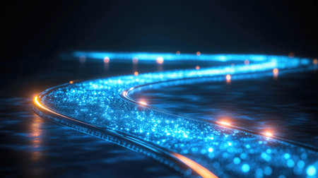 A mesmerizing glowing blue stream flows across a dark background, creating a serene atmosphere. Sparkling effects add depth and intrigue to this digital artwork.の素材