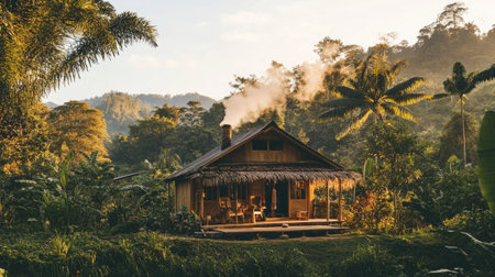A charming wooden cabin in a lush tropical setting, surrounded by vibrant plants and trees. The early morning light creates a tranquil atmosphere with smoke rising from the chimney.の素材