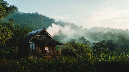 A tranquil wooden house sits amidst lush greenery and misty mountains. This serene landscape embodies peace and natural beauty, perfect for relaxation.の素材