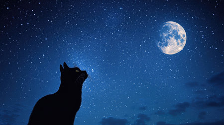 A striking silhouette of a black cat gazes up at a luminous moon surrounded by twinkling stars, creating a serene and enchanting nighttime scene.の素材