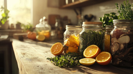 A beautifully arranged scene featuring fresh citrus fruits and herbs in glass jars on a rustic kitchen counter, radiating a warm and inviting atmosphere.の素材