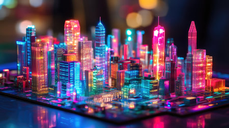 A vibrant cityscape model featuring colorful neon lights and reflections. The intricate design showcases modern architecture and urban beauty, ideal for creative projects.の素材