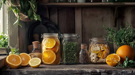 A stunning display of preserved fruits and herbs captured on a rustic shelf. Bright oranges and lemons in glass jars exude freshness and vibrant colors.の素材