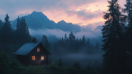 A charming cabin nestled among majestic mountains at dusk, enveloped by mist and lush forests. The warm glow from the windows creates a tranquil, inviting atmosphere.の素材