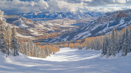 Majestic view of a snow-covered mountain range with vibrant trees. The serene landscape invites outdoor adventure and exploration in winter's beauty.の素材