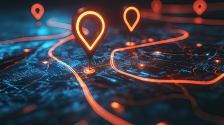 Vibrant digital depiction of a city map with neon location pins highlighting routes. Ideal for technology and travel themes, showcasing navigation elements.の素材