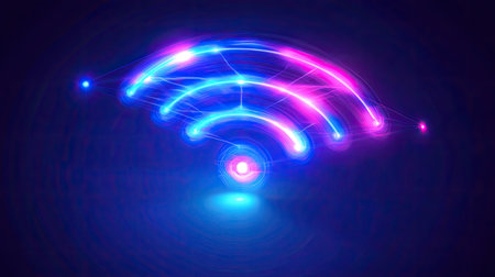 This vibrant abstract design features a glowing Wi-Fi signal in colorful neon hues. Perfect for technology-themed projects and digital communication visuals.の素材