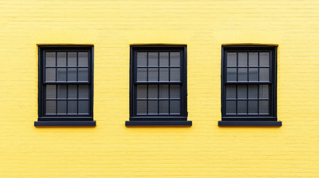 A striking image of three black windows against a bright yellow wall, showcasing urban architecture and design. The vibrant colors and symmetry create an inviting aesthetic.の素材