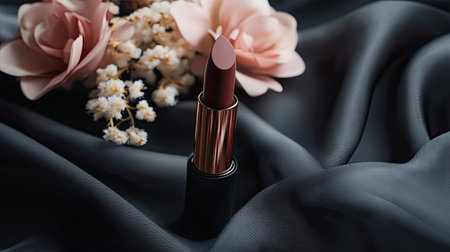 This image showcases an elegant lipstick in a rich shade positioned on soft fabric, complemented by beautiful flowers, perfect for beauty and fashion themes.の素材