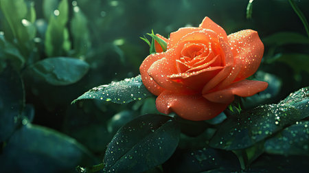 A stunning close-up image showcasing an orange rose covered in droplets, nestled among lush green leaves. This vibrant flower captures the essence of nature's beauty and tranquility.の素材