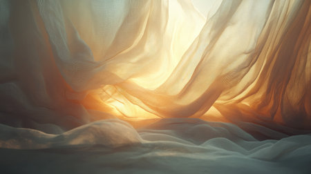 A beautiful scene featuring soft, ethereal drapes with warm light streaming through layers. This image conveys a sense of tranquility and elegance, perfect for creative projects.の素材