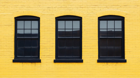 A vibrant yellow wall featuring three arched windows with black frames. The design offers a modern and minimalistic aesthetic, perfect for various creative projects.の素材