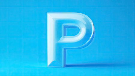 A stunning glass representation of the letter P against a vibrant blue background. Perfect for creative projects, branding, and modern design needs.の素材