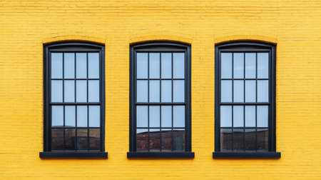 Three elegant black framed windows set against a vibrant yellow brick wall, showcasing modern architecture with strong geometric lines and reflections.の素材