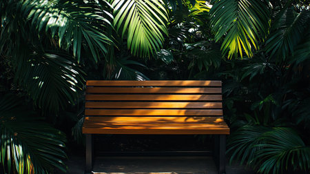 A beautifully crafted wooden bench rests amidst a vibrant backdrop of lush green tropical plants, providing an inviting spot for relaxation in nature.の素材