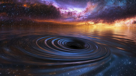Enigmatic black hole set against a colorful cosmic backdrop. Vibrant swirling patterns reflect a stunning galaxy scene, creating an awe-inspiring vision of space.の素材