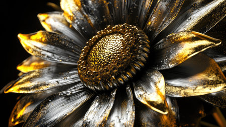 Stunning close-up of a metallic flower featuring golden petals and a textured center, perfect for adding a touch of elegance and artistry to any design project.の素材