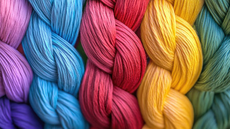 An artistic arrangement of vibrant spools of yarn in shades of blue, red, yellow, and green. This colorful display showcases the beauty of textile craftsmanship and creativity.の素材