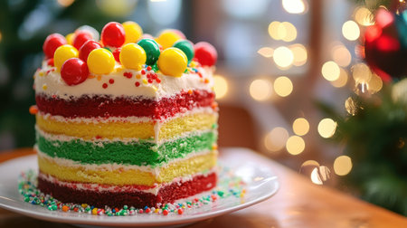 This vibrant layered cake topped with colorful candies is perfect for celebrations. Its festive appearance captures the spirit of joyful occasions and gatherings.の素材