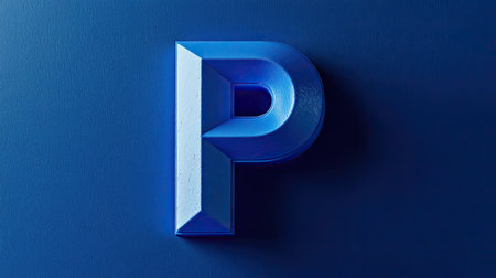 This striking image showcases a bold three-dimensional letter P in vibrant blue, set against a flat background. The modern design highlights texture and dimensionality.の素材