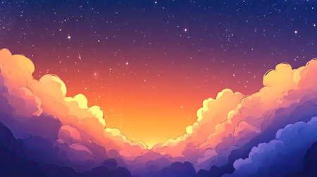 Captivating sunset sky featuring vibrant clouds illuminated by twilight. A serene blend of colors creates a peaceful atmosphere, ideal for artistic projects.の素材