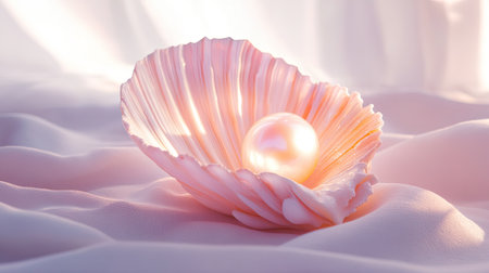 A stunning pink seashell cradles a luminous pearl, resting on soft fabric. This serene composition captures beauty and elegance, ideal for various design projects.の素材