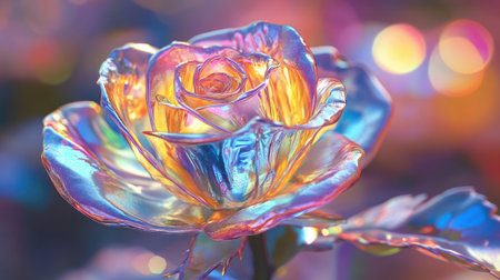 A stunning iridescent rose bloom showcases vibrant colors and reflections. The dreamy background features soft bokeh lights, creating a romantic and elegant atmosphere.の素材