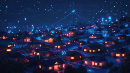 This nighttime landscape features glowing homes nestled among trees under a shimmering starry sky, creating a tranquil and dreamlike atmosphere.の素材