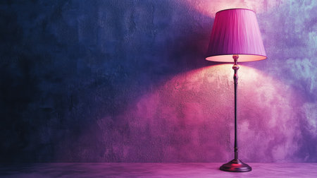 A stunning standing lamp emits a soft violet light, casting warmth against a textured wall. This elegant fixture enhances any space with modern decor and ambiance.の素材