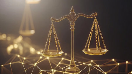 A stunning close-up of elegant golden scales of justice, beautifully set against a dark background illuminated by soft lights. This image symbolizes fairness and legal balance.の素材