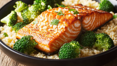 A beautifully presented grilled salmon fillet served with fluffy couscous and fresh broccoli, garnished with herbs for a healthy and delicious meal.の素材