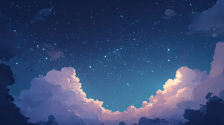 A stunning depiction of a starry night sky filled with glittering stars and soft clouds. This enchanting scene evokes feelings of calmness and wonder.の素材