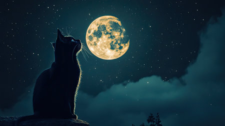 A majestic silhouette of a cat gazing at a full moon surrounded by twinkling stars, creating a serene and enchanting night scene perfect for nature lovers.の素材