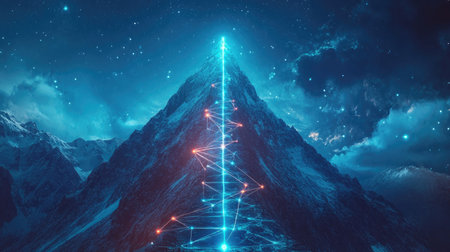 A stunning digital artwork portraying a mountain peak illuminated by vibrant light connections against a starry night sky, evoking a sense of tranquility and wonder.の素材