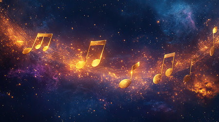 A captivating digital artwork featuring golden musical notes flowing through a vibrant cosmic space, blending colors of orange and blue, symbolizing harmony and creativity.の素材