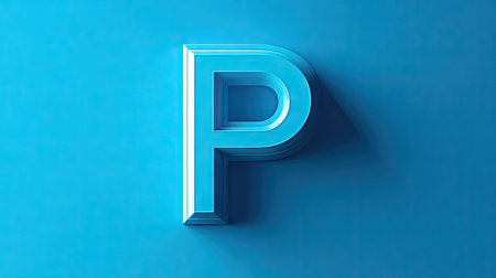 This vibrant image showcases a glossy 3D letter P set against a bright blue background. The clean lines and modern design create a striking visual element perfect for creative projects.の素材