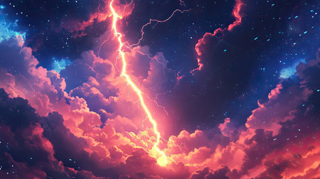 This striking image captures a vibrant thunderstorm featuring electric lightning splitting through colorful clouds, creating a dramatic sky scene full of energy and beauty.の素材