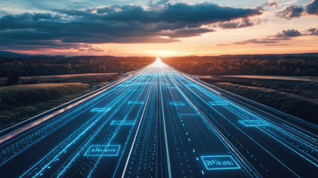 A stunning view of a futuristic digital highway illuminated by data streams, stretching into the distance under a vibrant sunset sky, symbolizing innovation and progress.の素材