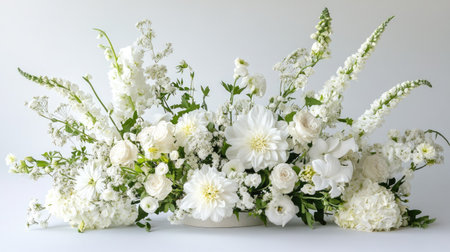 A stunning floral arrangement featuring an assortment of white blooms, showcasing elegance and beauty. Perfect for weddings, events, or home decoration.の素材