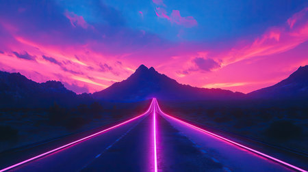 A stunning neon-lit road leads towards majestic mountains under a vivid pink and purple twilight sky, creating an enchanting and tranquil atmosphere perfect for visual exploration.の素材